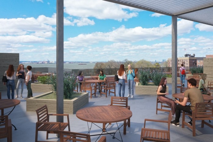 Rendering of rooftop space looking toward Shore Road Park and the waters of New York Bay.